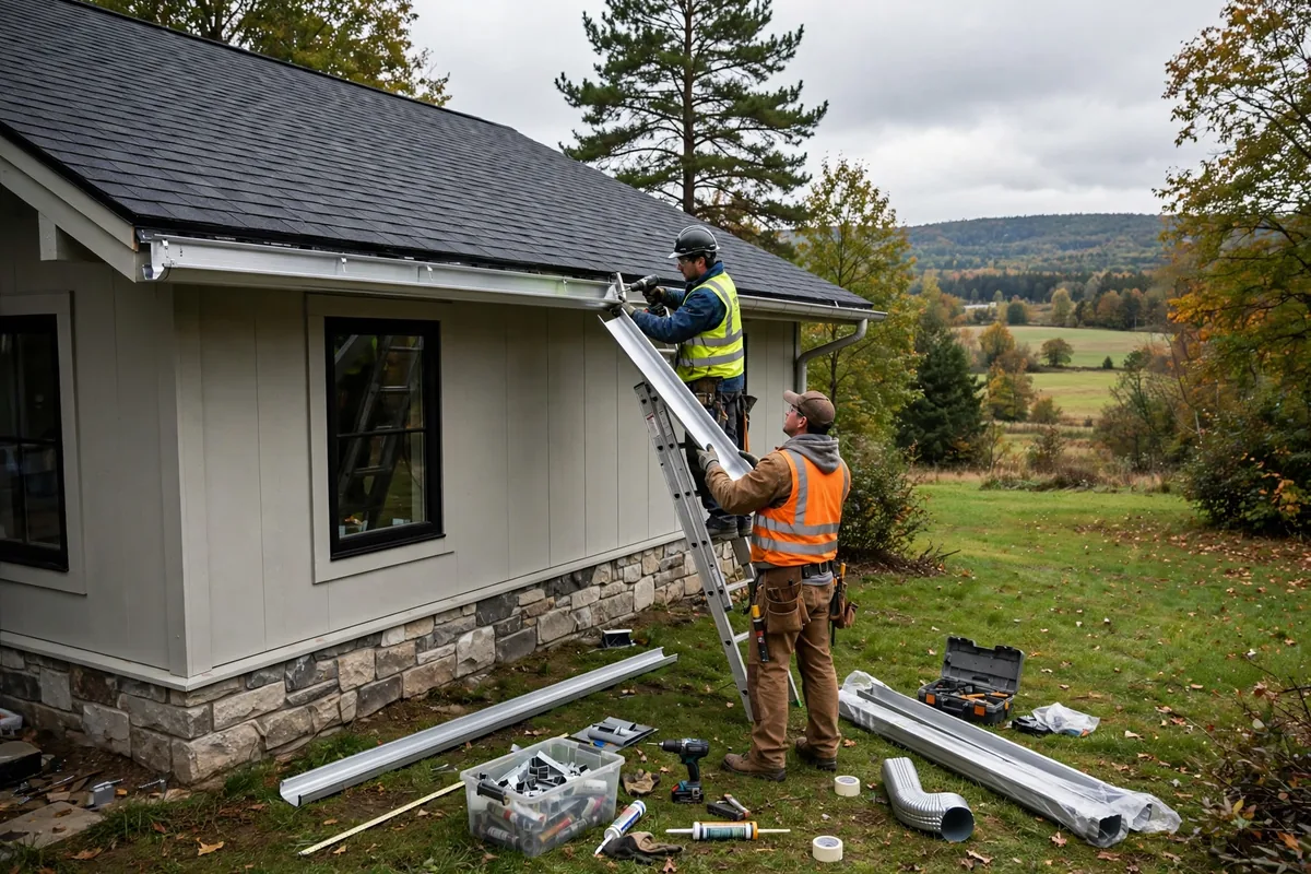 New seamless gutters being installed on a freshly roofed home.