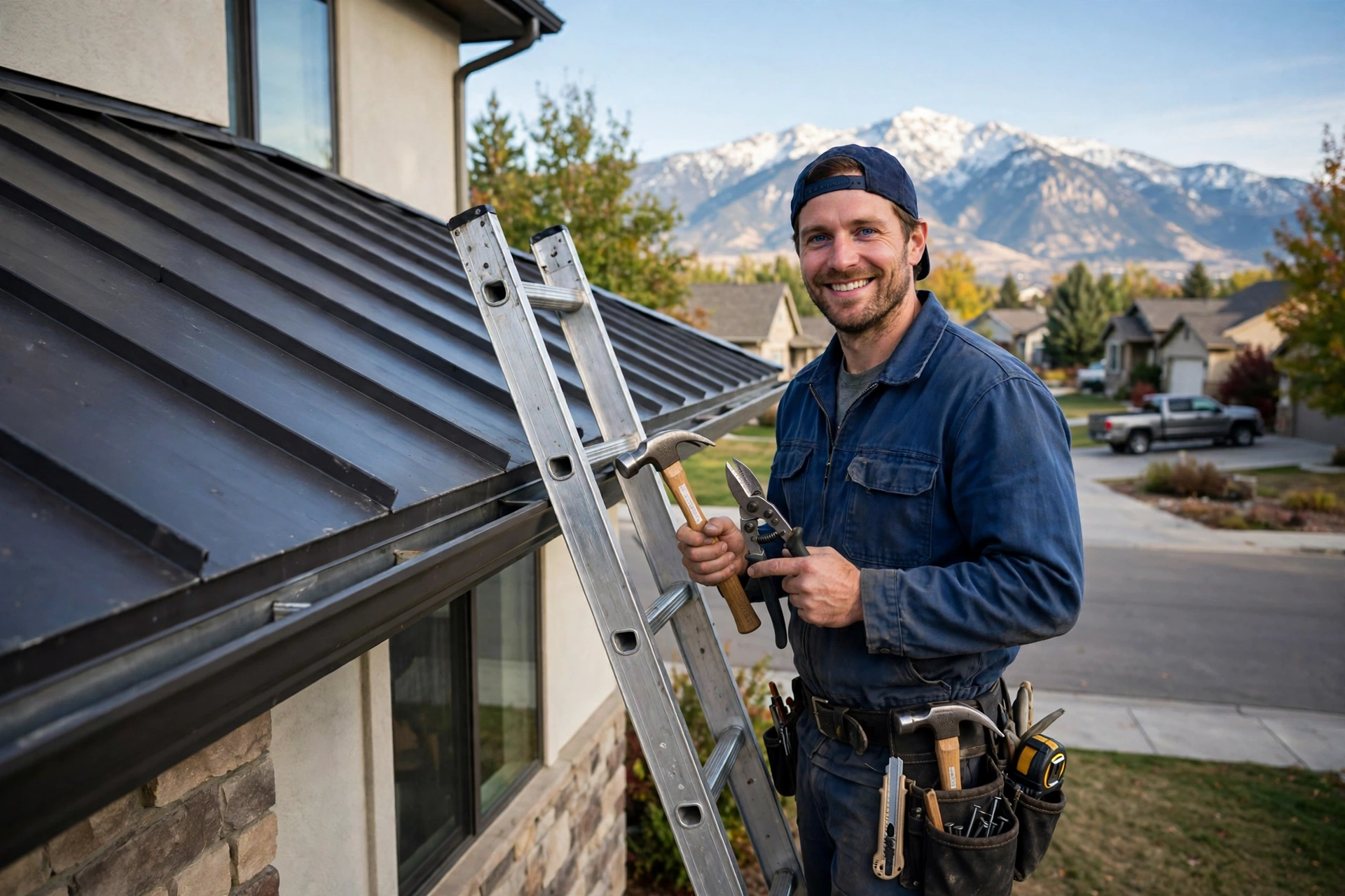 Friendly roofing technician with tools on a ladder beside a Murray home with a new metal roof