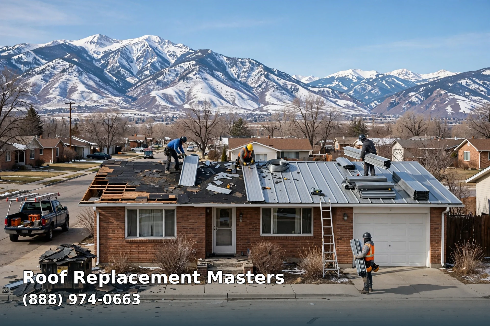 Roofing crew installing a standing-seam metal roof on a ranch home in Murray, Utah with the snow-dusted Wasatch Mountains behind