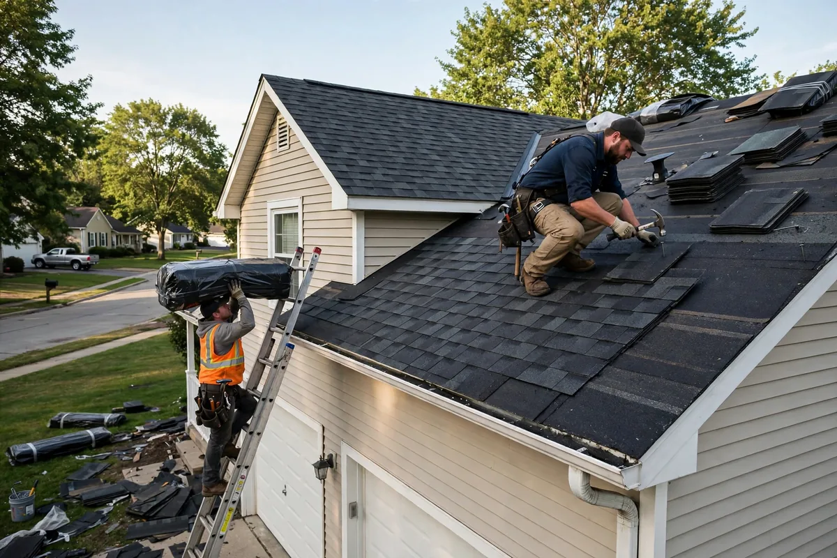 Crew nailing new asphalt shingles onto a residential home.