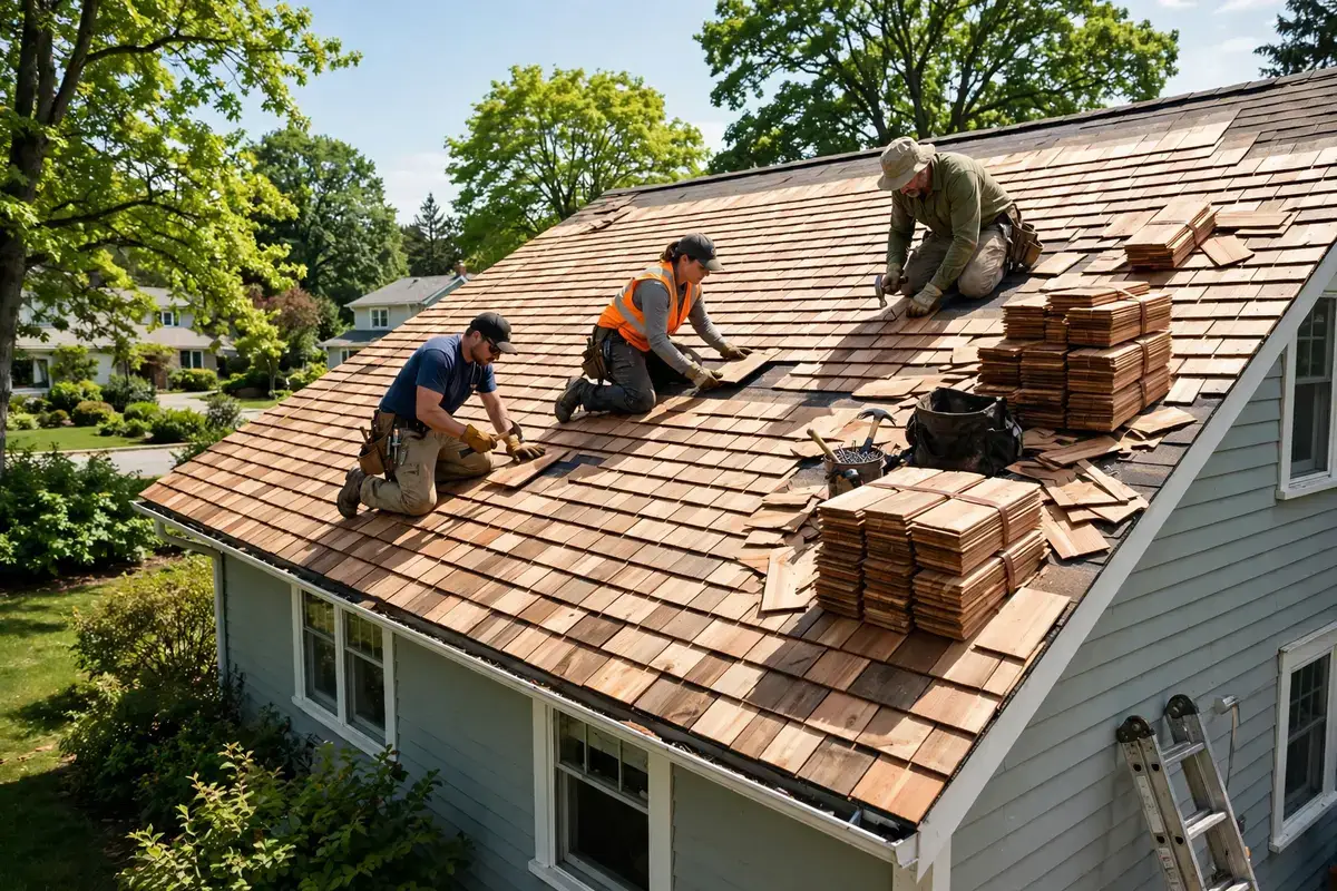Roofing crew nailing cedar shake shingles onto a residential roof slope.