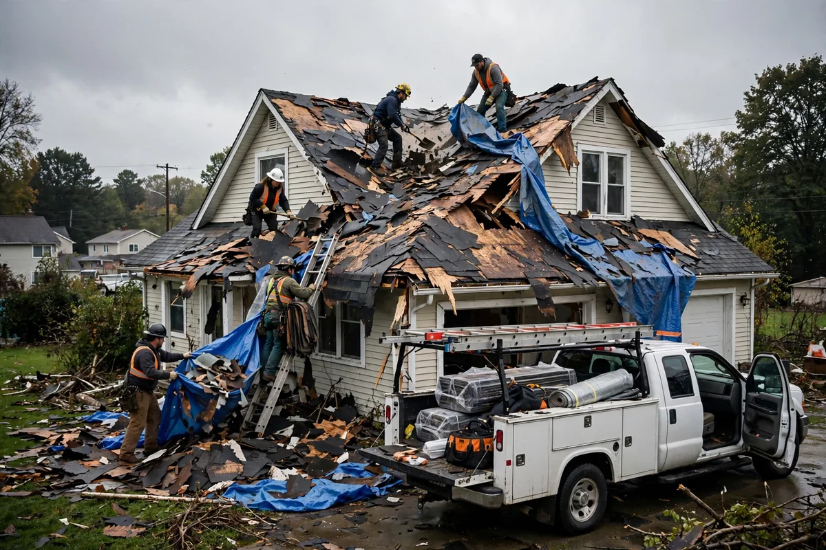 Roofing crew urgently stripping and replacing a severely damaged roof.