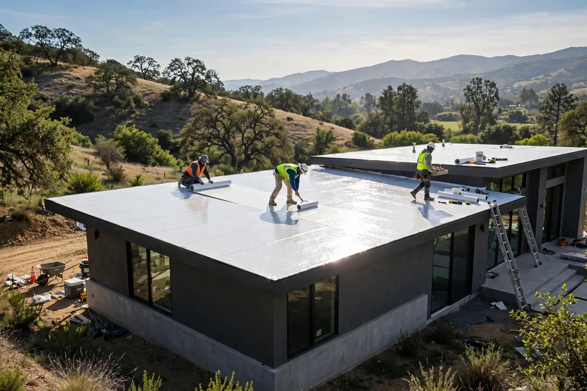 Workers installing a bright white reflective cool roof on a modern home.