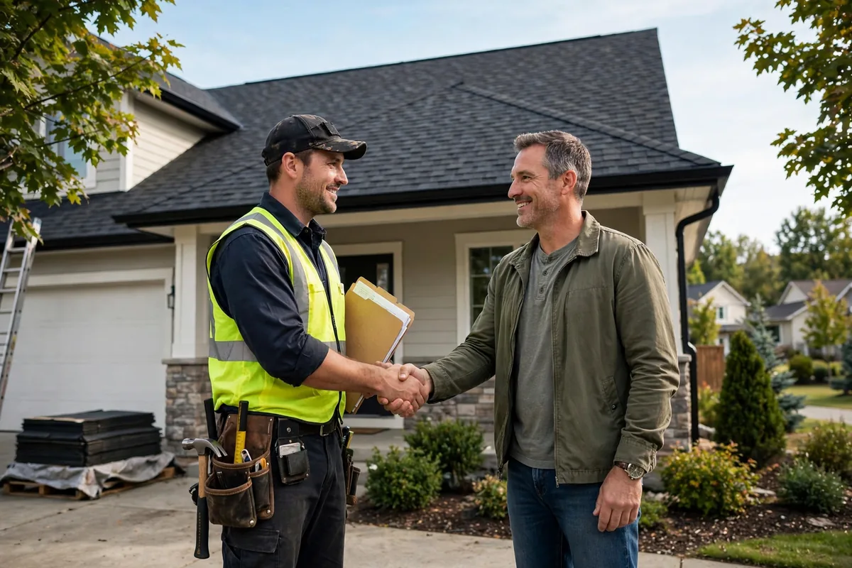 Contractor shaking hands with a homeowner in front of a brand-new roof.