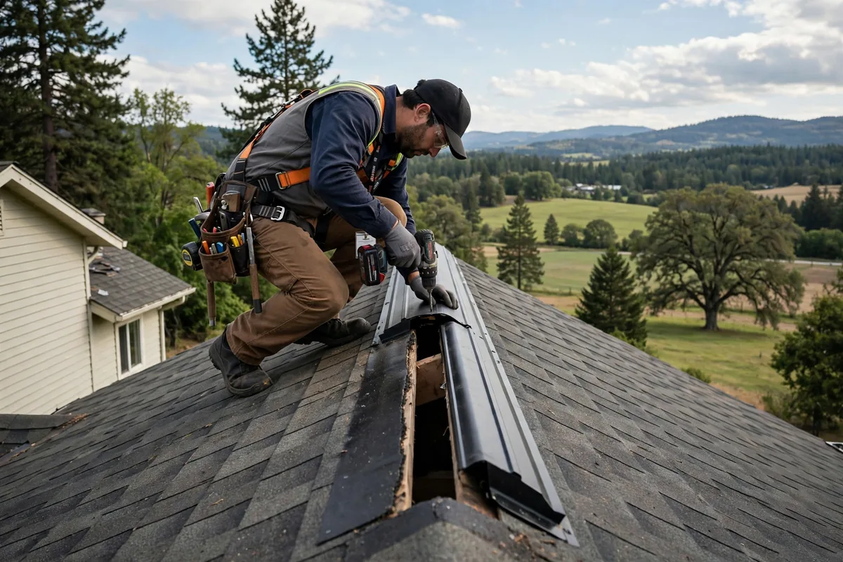 Technician installing a new ridge vent along the peak of a roof.